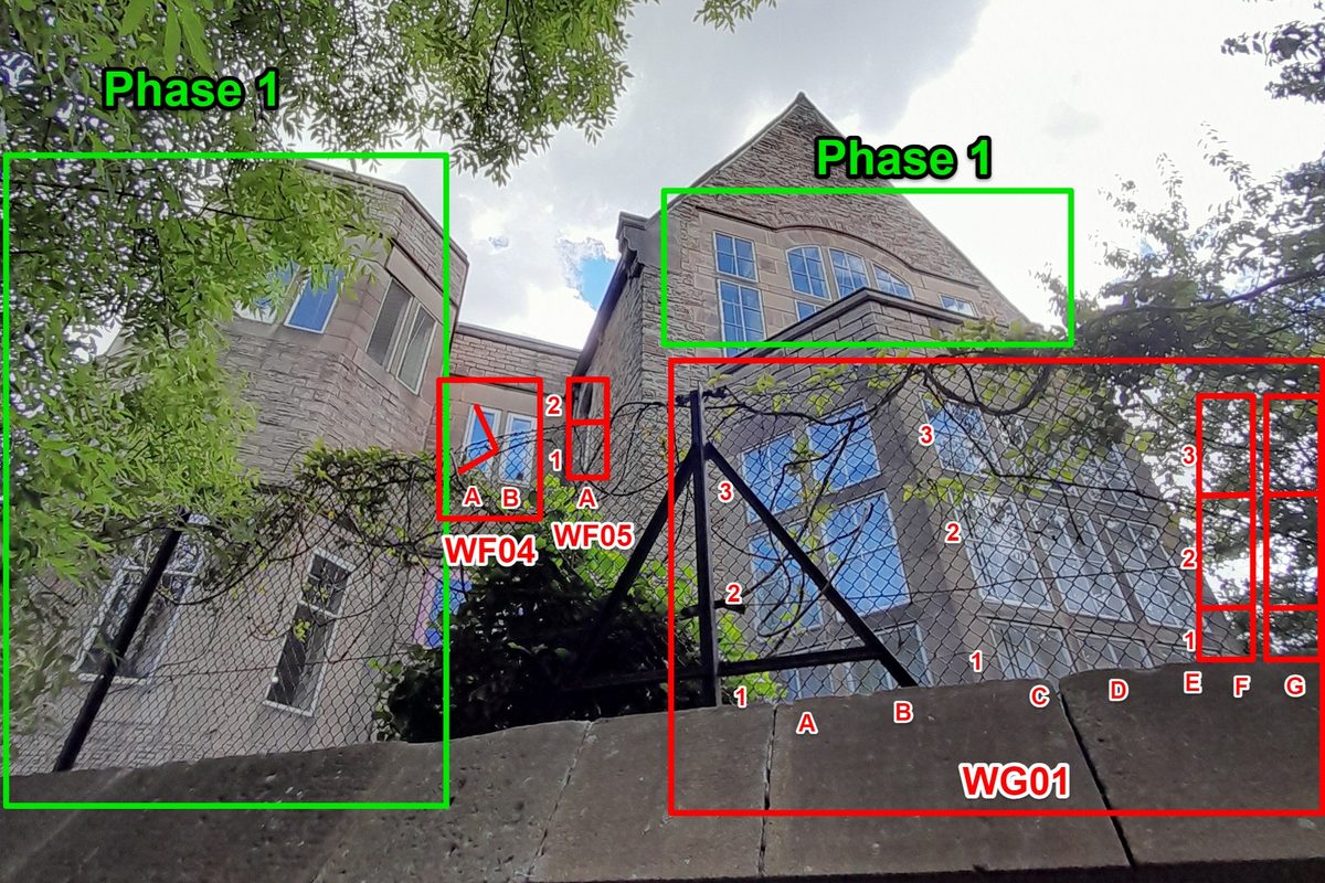 Survey photograph of the centre’s stone elevation with windows marked up by phase and reference